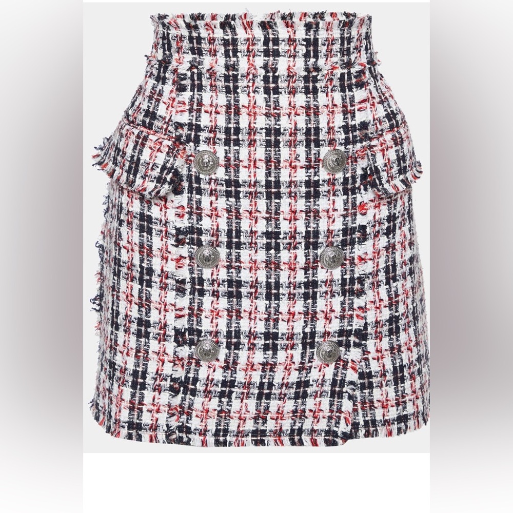 Tweed Mini Skirt with Button Front - White, Navy & Red